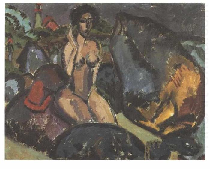 Bathing woman between rocks, Ernst Ludwig Kirchner